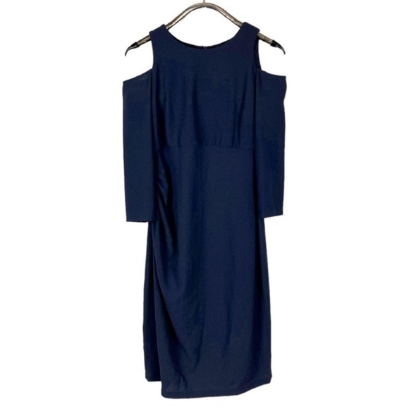 DAVID MEISTER BLUE COLD SHOULDER GATHERED HIP KNEE LENGTH 3/4 SLEEVE DRESS - Picture 3 of 12